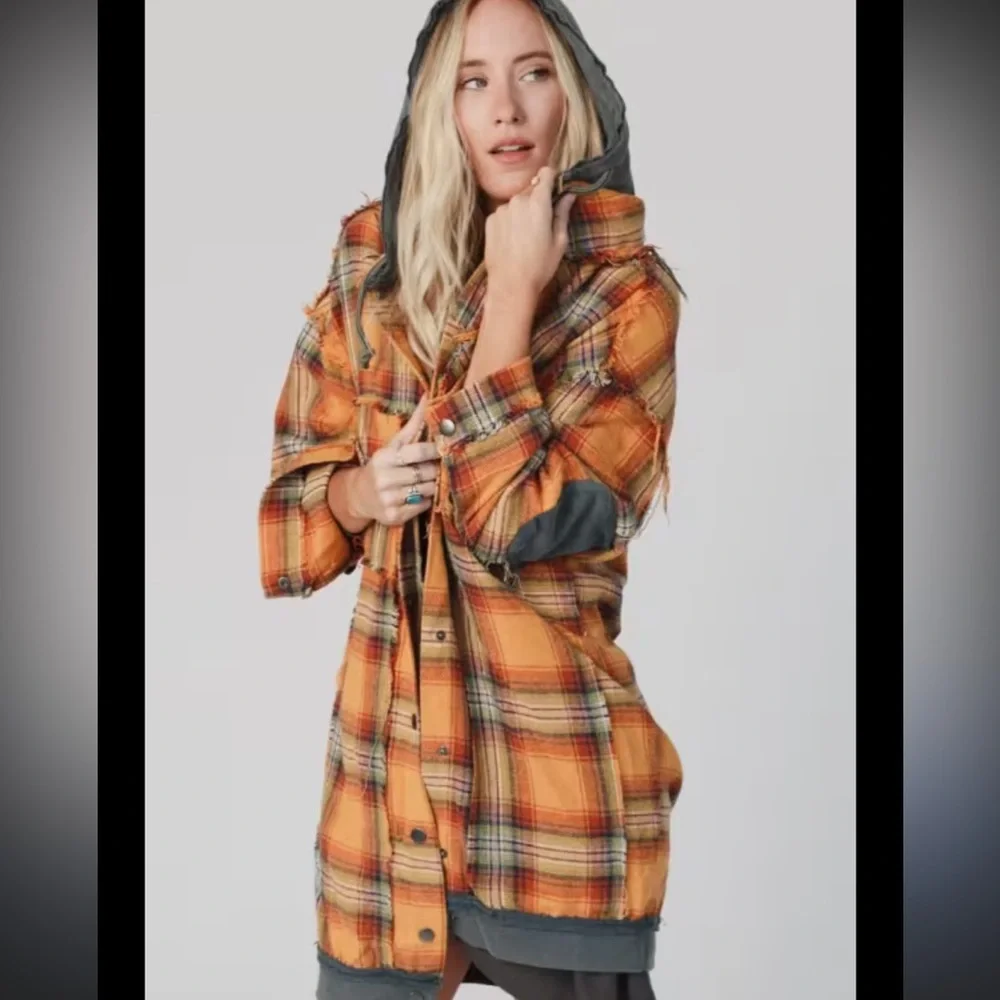 Three Bird Nest POL NWOT Plaid Patch Hooded Frayed Jacket - Picture 2 of 5